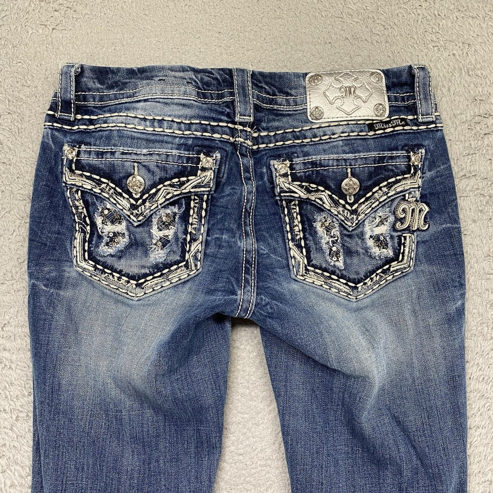 Miss Me Signature Straight Jeans Womens 29 Medium Wash Low Rise Rhinestone Denim
